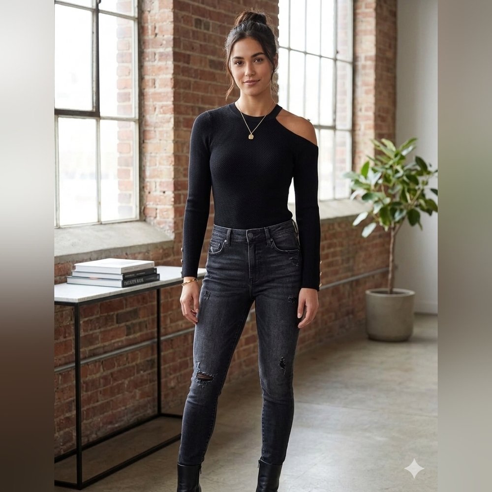 INC International Concepts Black Ribbed Long-Sleeve Sweater